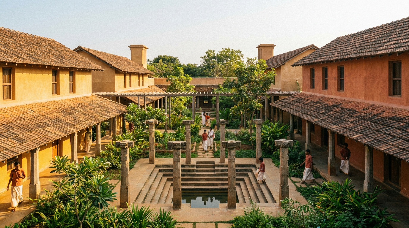 Bioclimatic natural lime and terracotta residential gurukula campus courtyard with natural cooling airflow