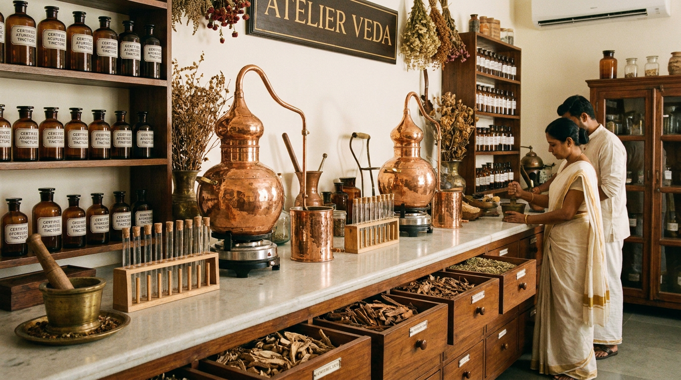 Ayurvedic botanical apothecary laboratory with copper distillation alembics and certified herbal tinctures
