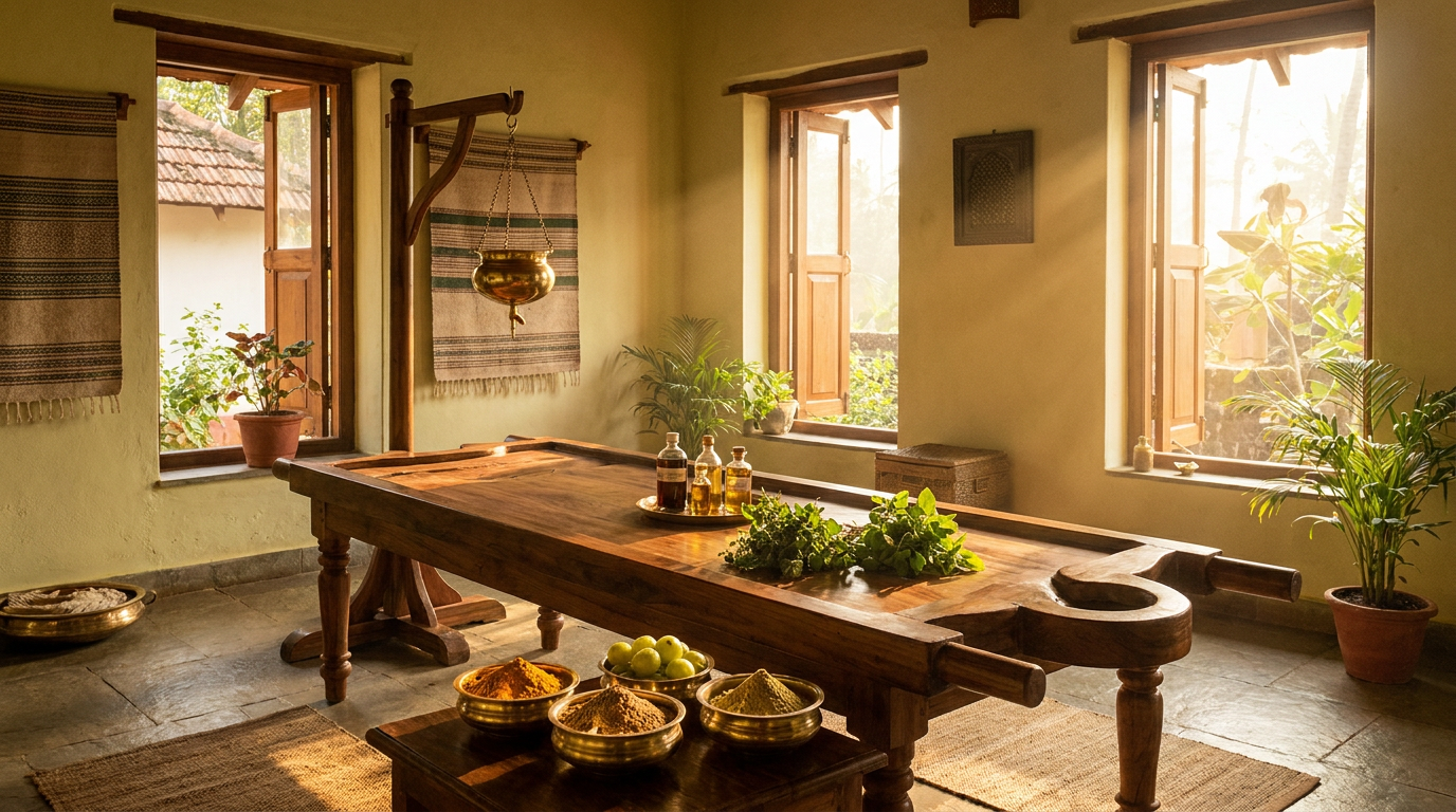 Ayurvedic sanatorium clinic room at dawn with handcrafted wooden droni massage bed, brass vessel and botanical oils