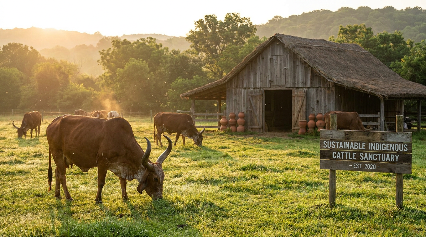 Sustainable indigenous Gir cattle sanctuary at sunrise with traditional timber barn and bilona ghee pots