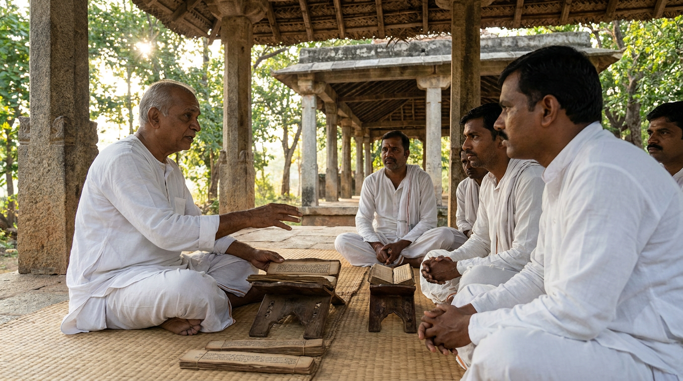 Traditional Gurukula learning academy with Acharya teacher discussing shastric texts with scholars