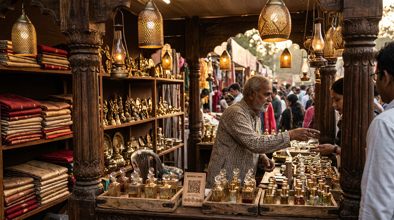 Authentic Indian artisan mela stall with handcrafted textiles, brassware and artisanal fragrances