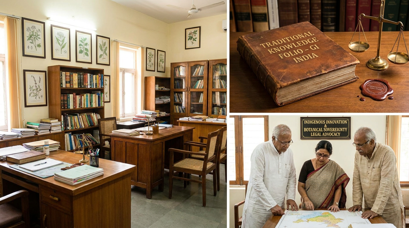 Traditional knowledge defense and GI legal registry office with botanical taxonomy folios and scales of justice