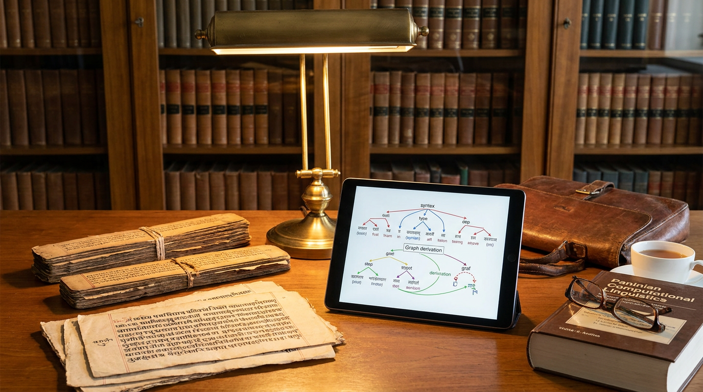 Paninian Sanskrit linguistics study with ancient manuscripts and digital grammar derivation trees
