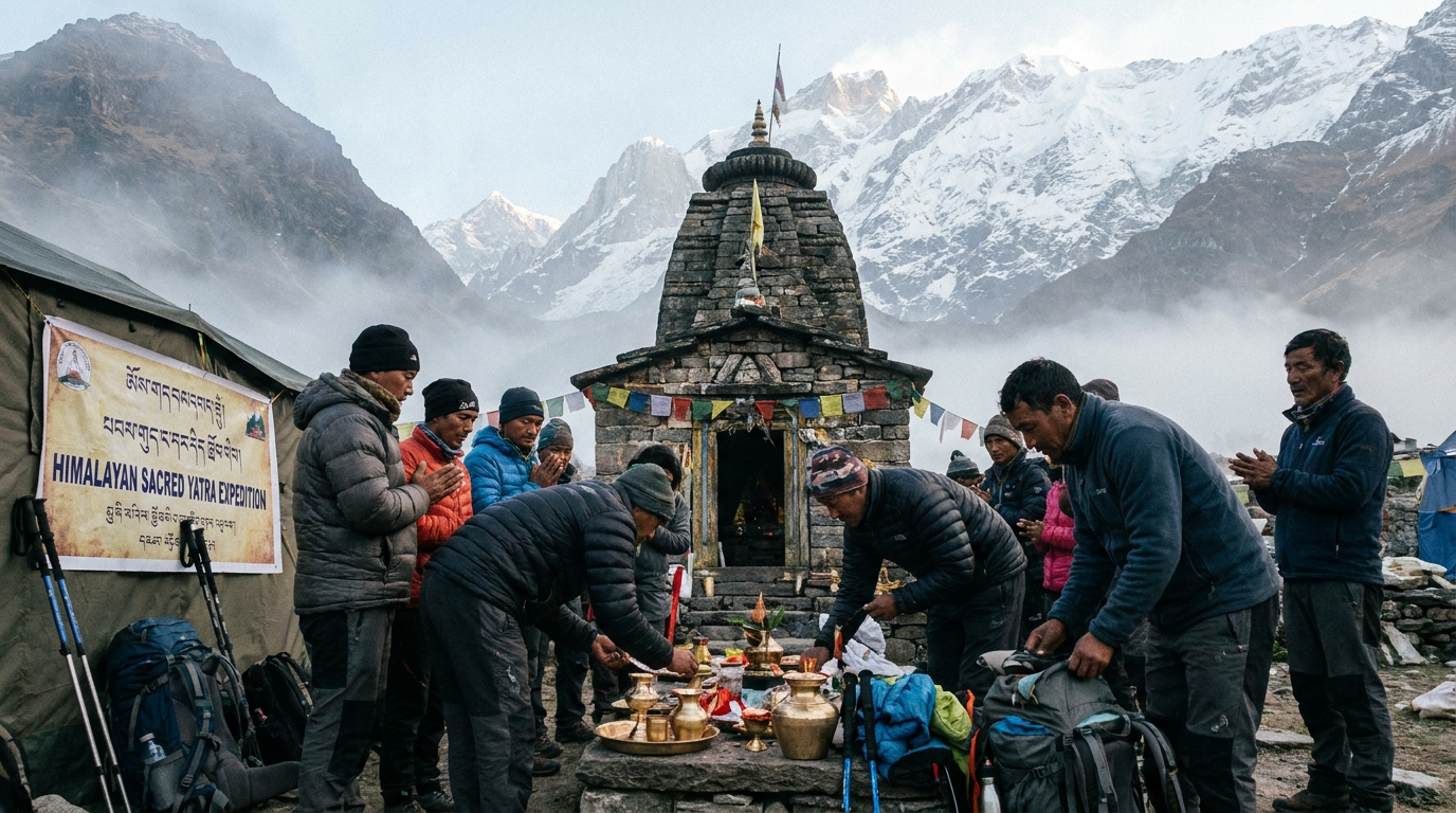 Sacred Himalayan pilgrimage expedition at high altitude stone temple shrine with ceremonial samagri
