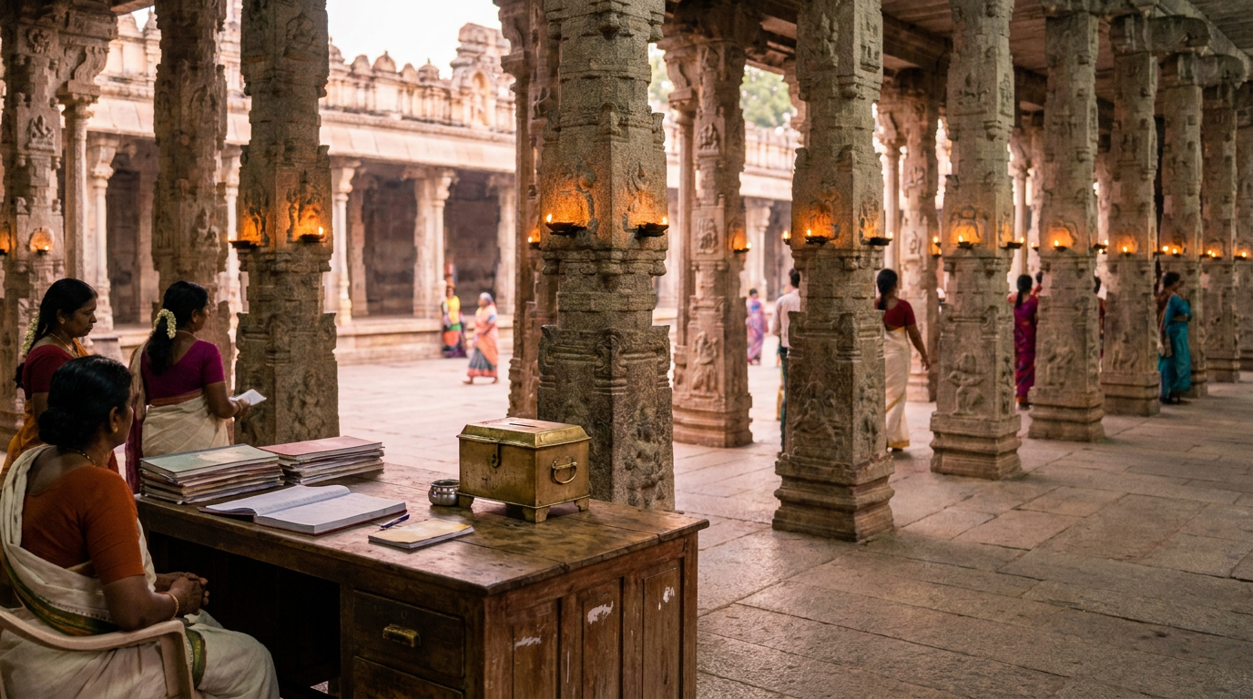 Historic stone temple mandapa courtyard and transparent seva administration desk